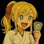 a blonde anime girl is holding a stack of money