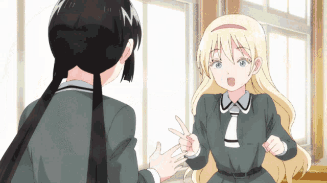 two anime girls are standing next to each other and one of them is pointing at the other