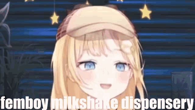 a girl with blonde hair and blue eyes is wearing a hat and smiling with the words femboy milkshake dispensery below her