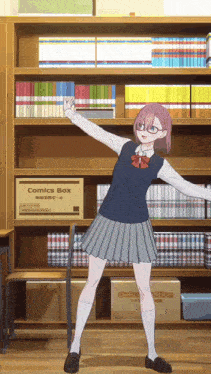a girl in a school uniform is dancing in front of a comic box