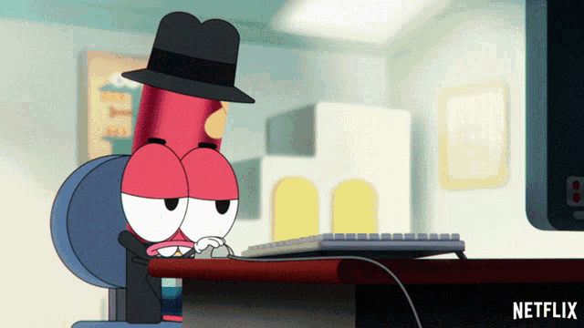 a cartoon character is sitting at a desk with a netflix logo on the bottom