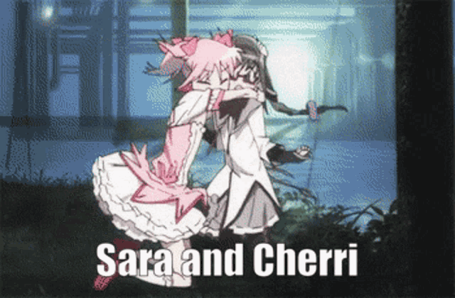 a cartoon of sara and cherri kissing with the words sara and cherri on the bottom