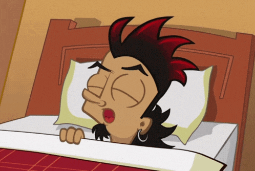 a cartoon character with a red mohawk is laying in bed