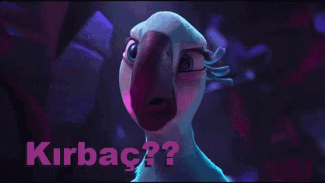 a cartoon bird says kirbac ?? in purple letters