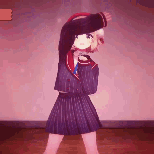 a girl in a striped skirt is dancing in front of a pink wall