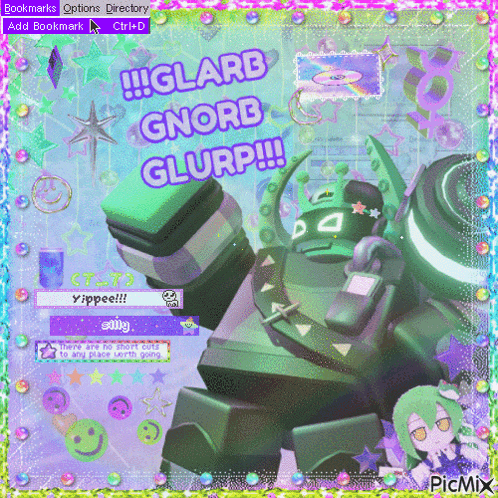a picture of a robot with the words glarb gnorb glurp on it