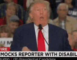 a man in a suit and tie is speaking into a microphone with the caption mock reporter with disability