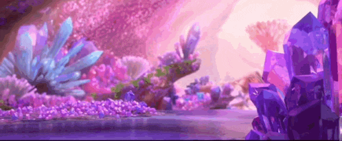 a cartoon scene of a coral reef with purple crystals and flowers