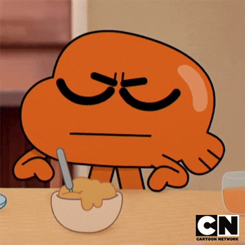a cartoon character from the amazing world of gumball sits at a table with a bowl of food and a glass of orange juice