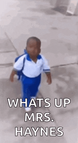 a little boy is walking down a sidewalk with a backpack and says `` whats up mrs. haynes '' .