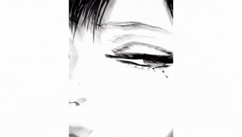 a black and white drawing of a girl 's face with a sad expression .