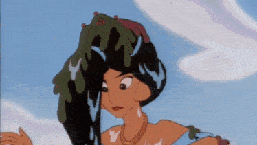 a cartoon girl with a crown on her head is standing in front of a blue sky with clouds .