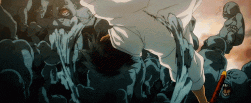 a man in a white shirt is surrounded by monsters in a cartoon .