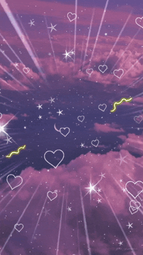 a purple background with hearts and stars and a blue circle with korean writing