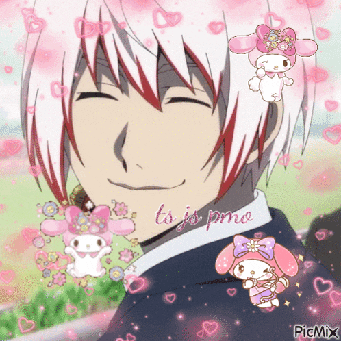 a boy with white hair and red highlights is smiling with pink hearts surrounding him and the words ts is pmo on the bottom