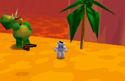 a video game with a turtle and a skeleton standing next to a palm tree