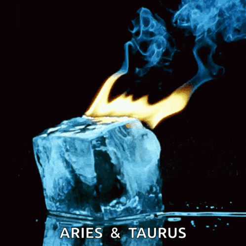 a cube of ice with a flame coming out of it and the words aries and taurus below it