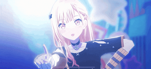 a girl with blonde hair and a choker pointing at something