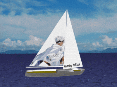 a sailboat with a man on it that says running to rizaki