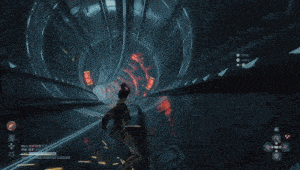 a screenshot of a video game shows a person flying through a tunnel with a box in the foreground