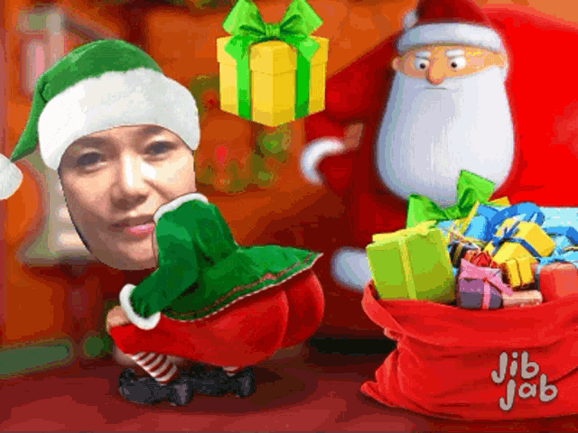 a cartoon of a woman dressed as an elf next to a santa claus