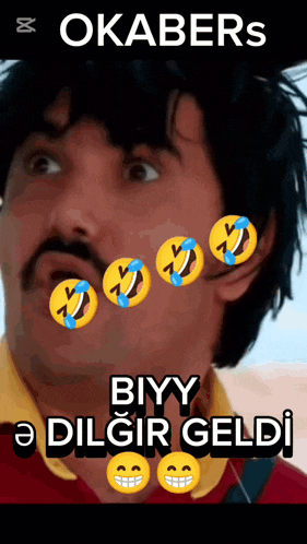a man with a mustache is surrounded by smiley faces and the words " okabers " at the top