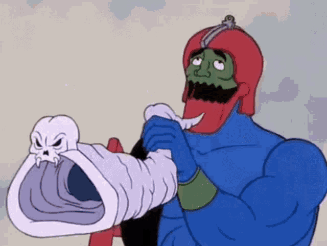 a cartoon character is holding a skull in his hand .
