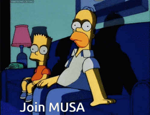 a cartoon of homer simpson and bart simpson sitting on a couch with the words join musa written below them