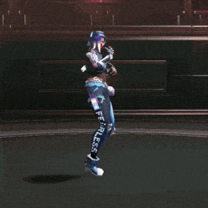 a girl with purple hair is dancing in front of a swimming pool
