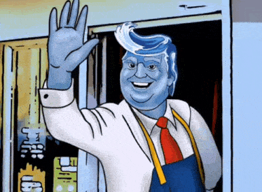 a cartoon drawing of donald trump waving in a doorway