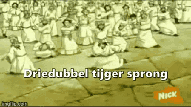 a cartoon of a group of people with the words driedubbel tijger sprong written on the bottom