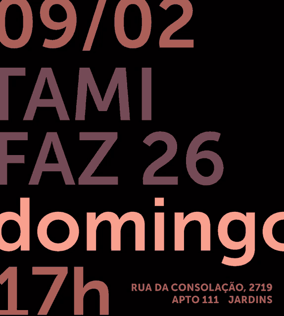 a black background with the words tami faz 26 domingo 17h on it