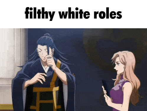 a man and a woman standing next to each other with the words filthy white roles above them