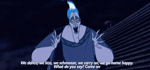a cartoon character says we dance we kiss we schmooze we carry on we go home happy .