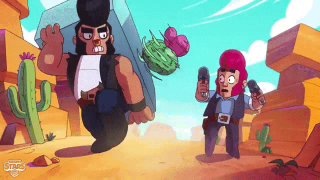 a cartoon of a man holding a cactus and another man holding a gun