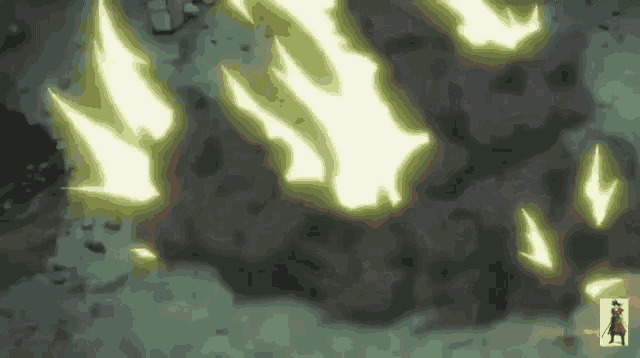 a cartoon character is standing in the middle of a field with a bunch of glowing lights coming out of it .