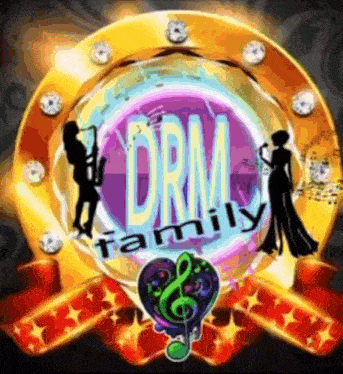 a logo for the drm family shows a man playing a saxophone and a woman singing into a microphone
