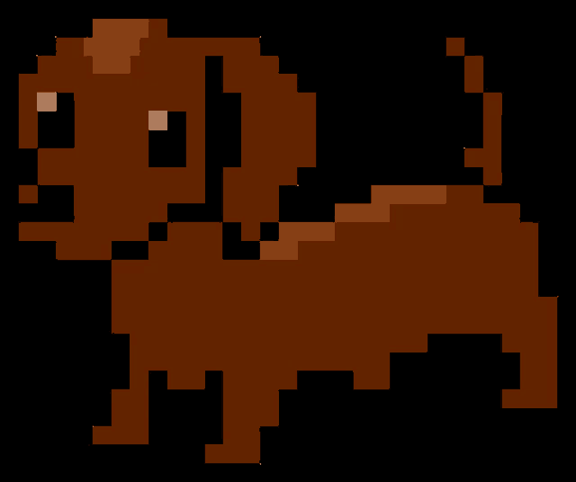 a pixel art drawing of a brown dog with white eyes on a black background