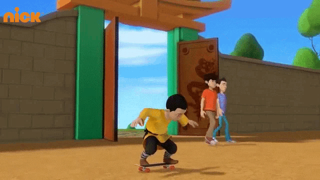 a cartoon character is riding a skateboard in front of a door that says nick