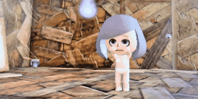 a video game character is standing in front of a wall of wood