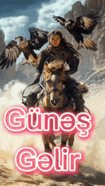 a woman riding a horse with two eagles behind her and the words günes gelir in pink