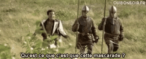 a group of men are walking through a field with swords and shields .