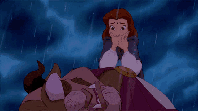 a cartoon of a woman covering her mouth while standing next to a beast