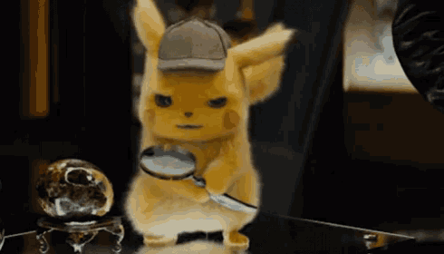 a pikachu holding a magnifying glass looks angry