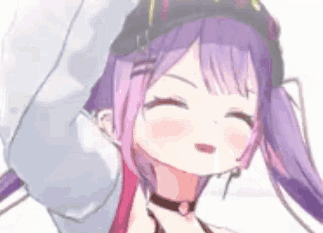 a close up of a cartoon girl with purple hair and a hat .