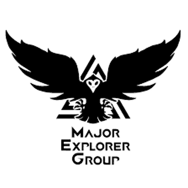 the logo for major explorer group is a black and white eagle with a heart on its head .