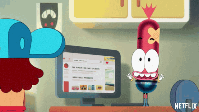 a cartoon character is standing in front of a computer and a netflix logo