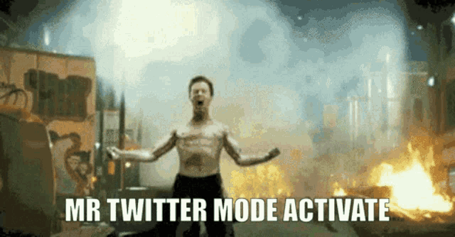 a shirtless man stands in front of a fire with the words " mr twitter mode activate "