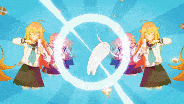a cartoon drawing of a girl and a ghost with a blue background