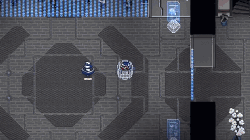 a video game character is being attacked by a blue and white star shaped explosion .